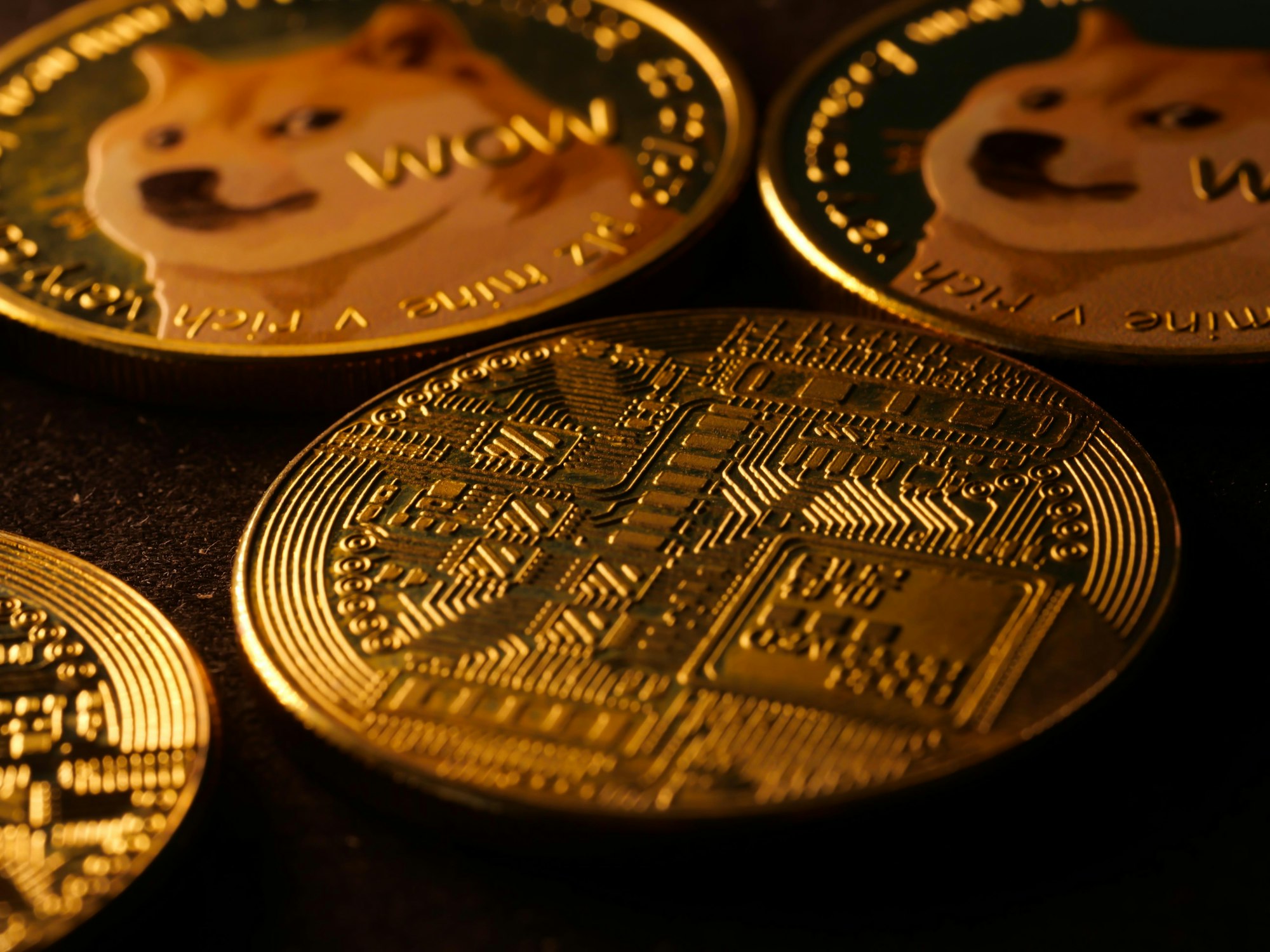 Selective focus shot of a coin with a Shiba Inu dog meme named "Doge" and a "Wow" engraving on it