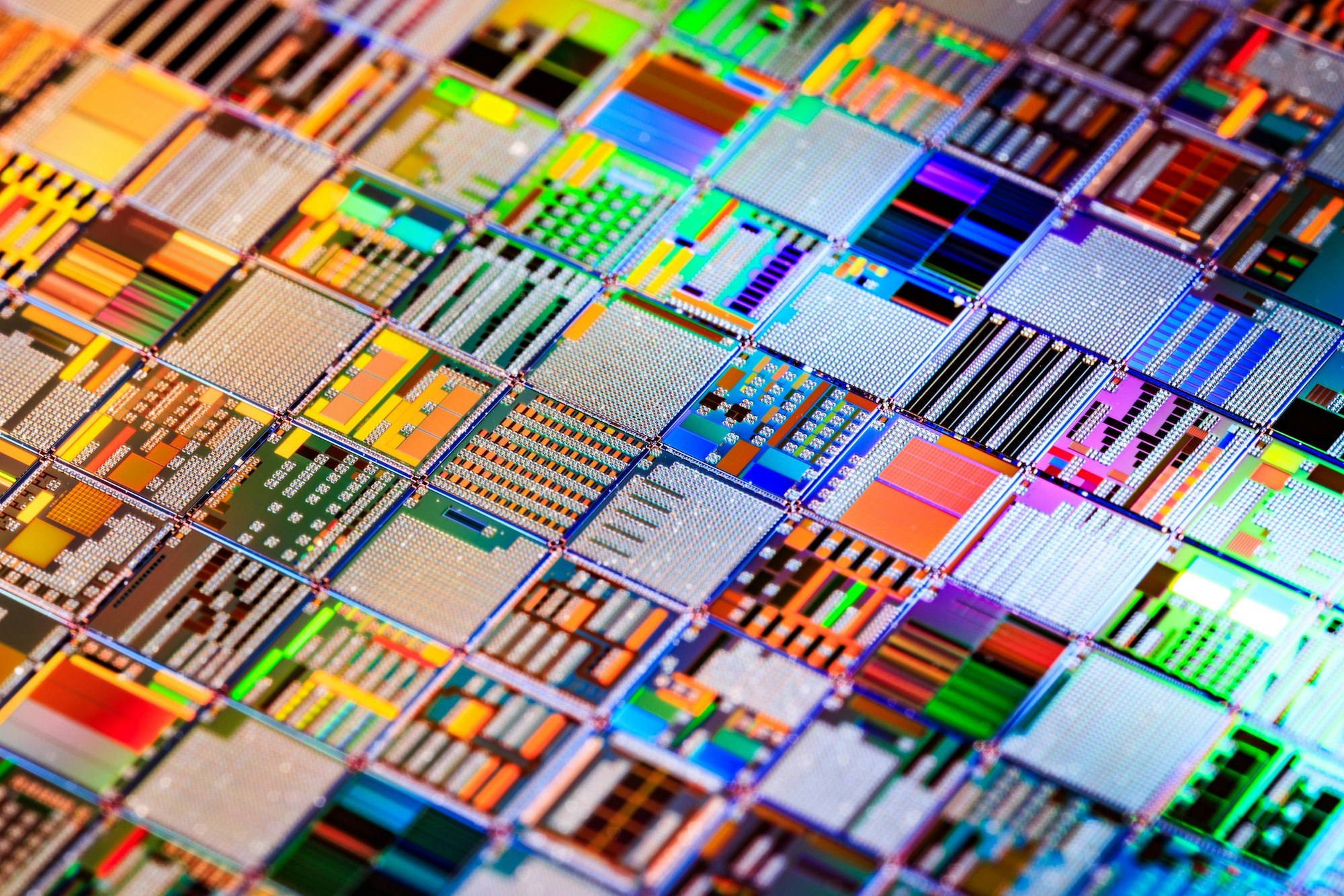 Silicon semiconductor wafer close-up.